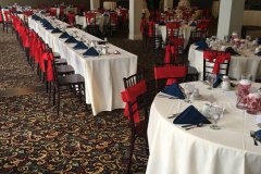 Red-and-navy-accent-banquet-room